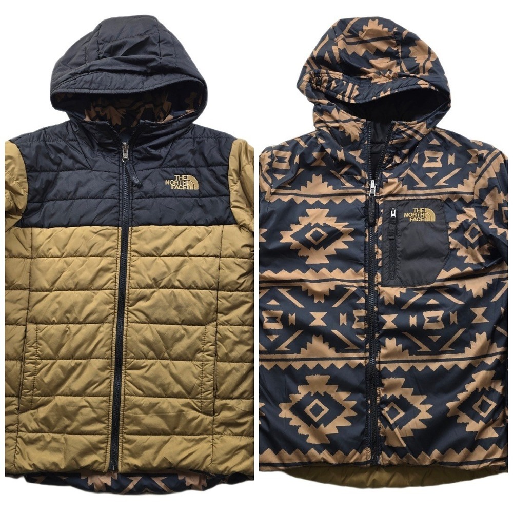 The North Face Reversible Puffer Jacket Boys Medium 10/12 Khaki‎ Black Perrito